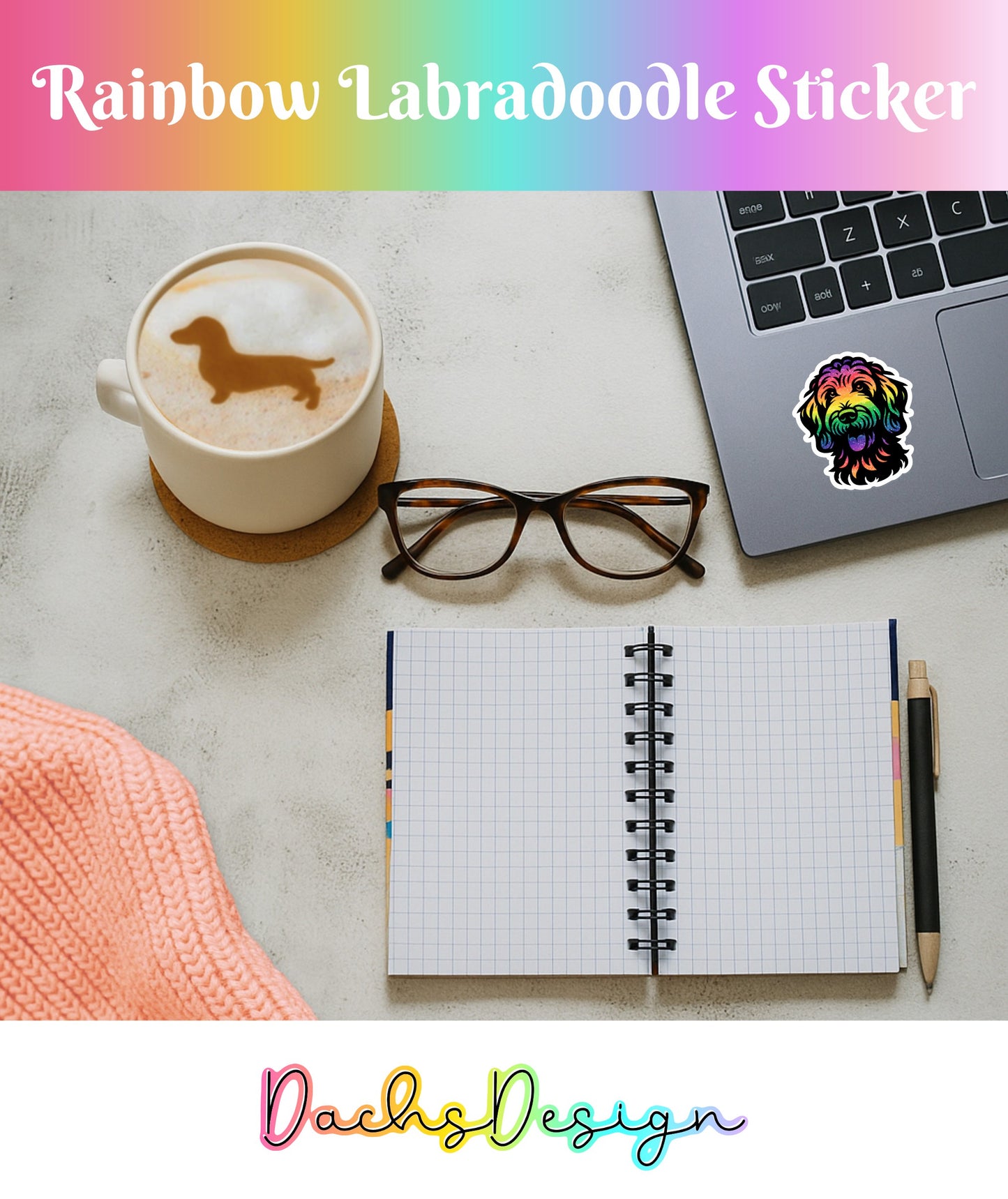 Labradoodle-klistremerke: Vanntett vinylklistremerke med regnbueglitter