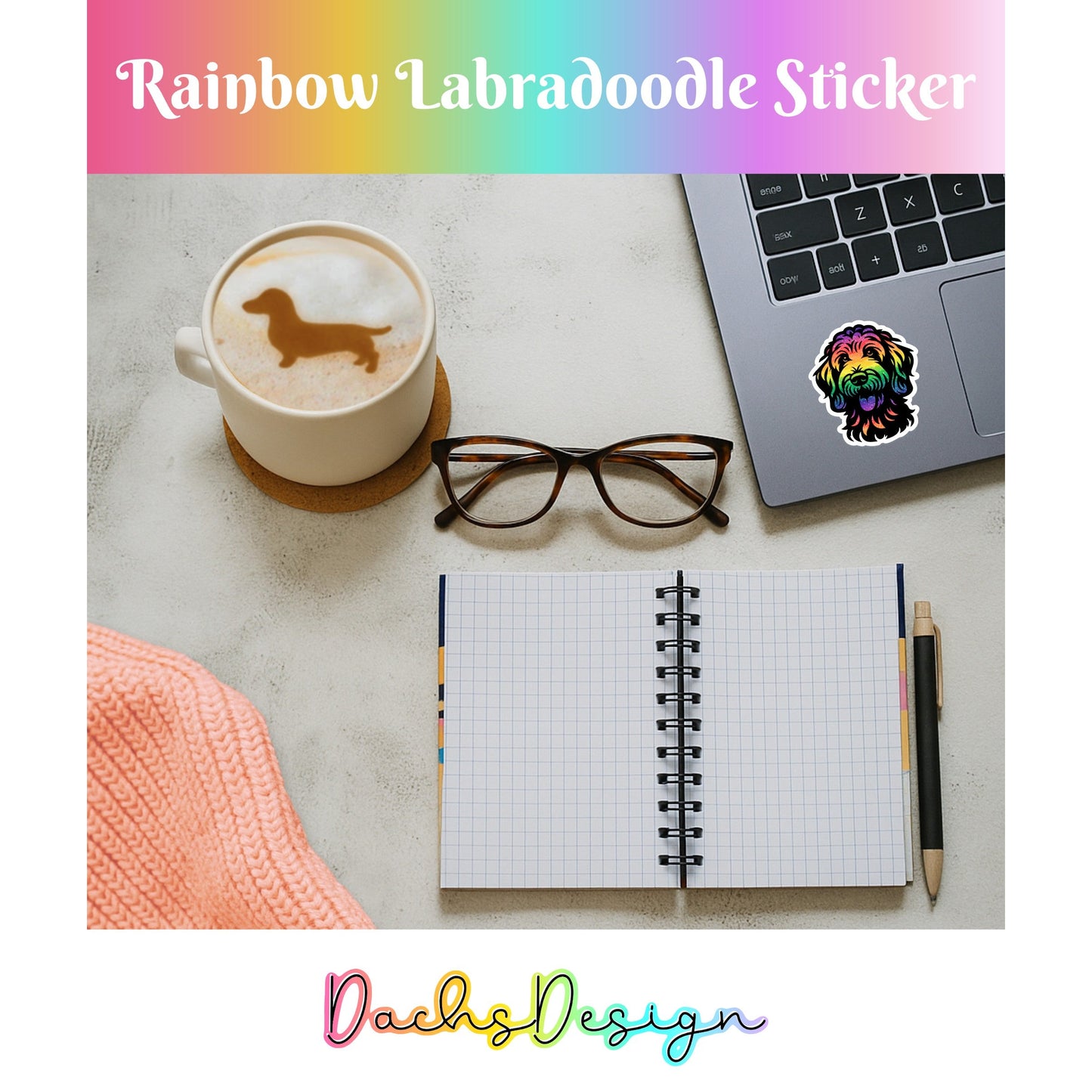 Labradoodle-klistremerke: Vanntett vinylklistremerke med regnbueglitter