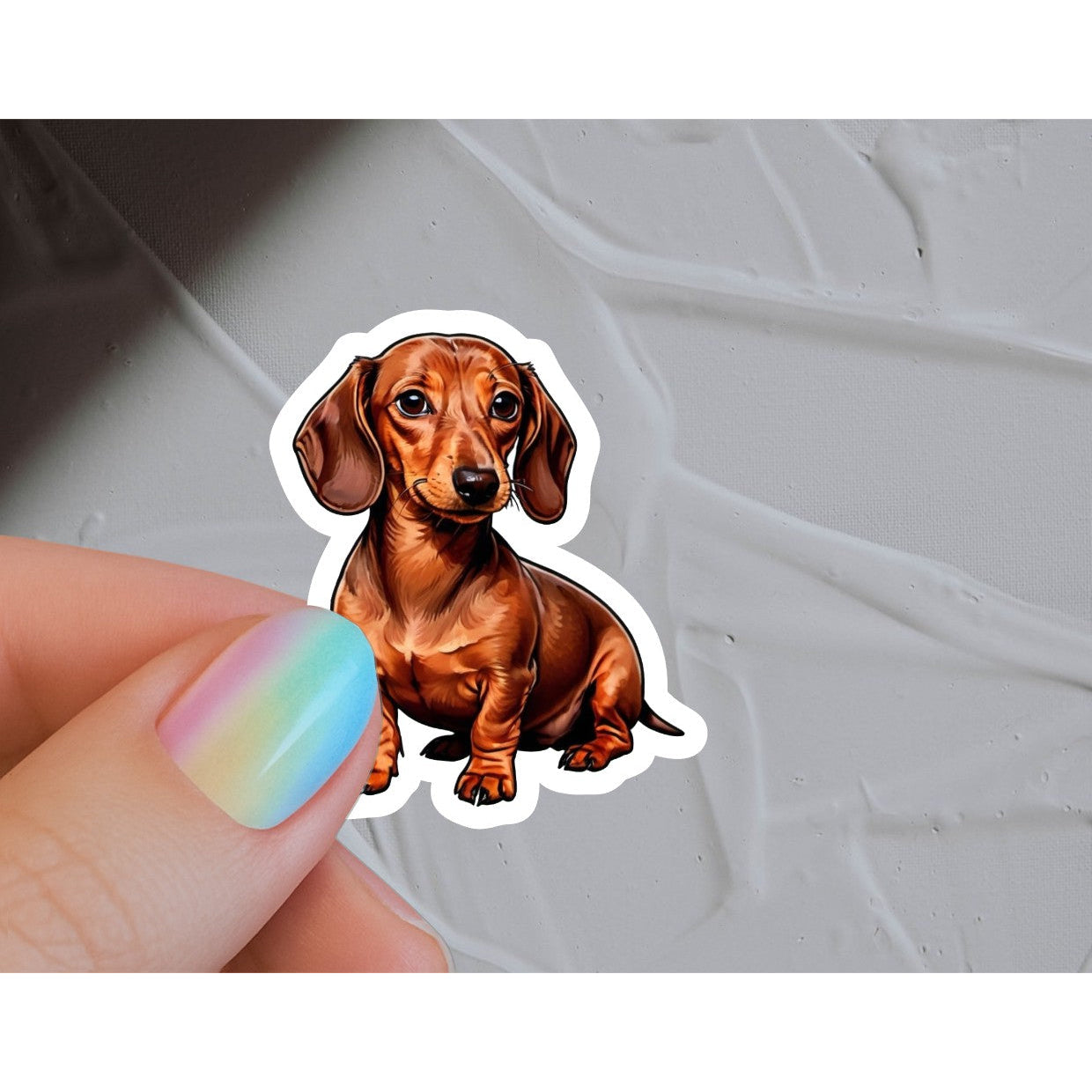 Vanntett vinylklistremerke – rød, glatthåret dachshund
