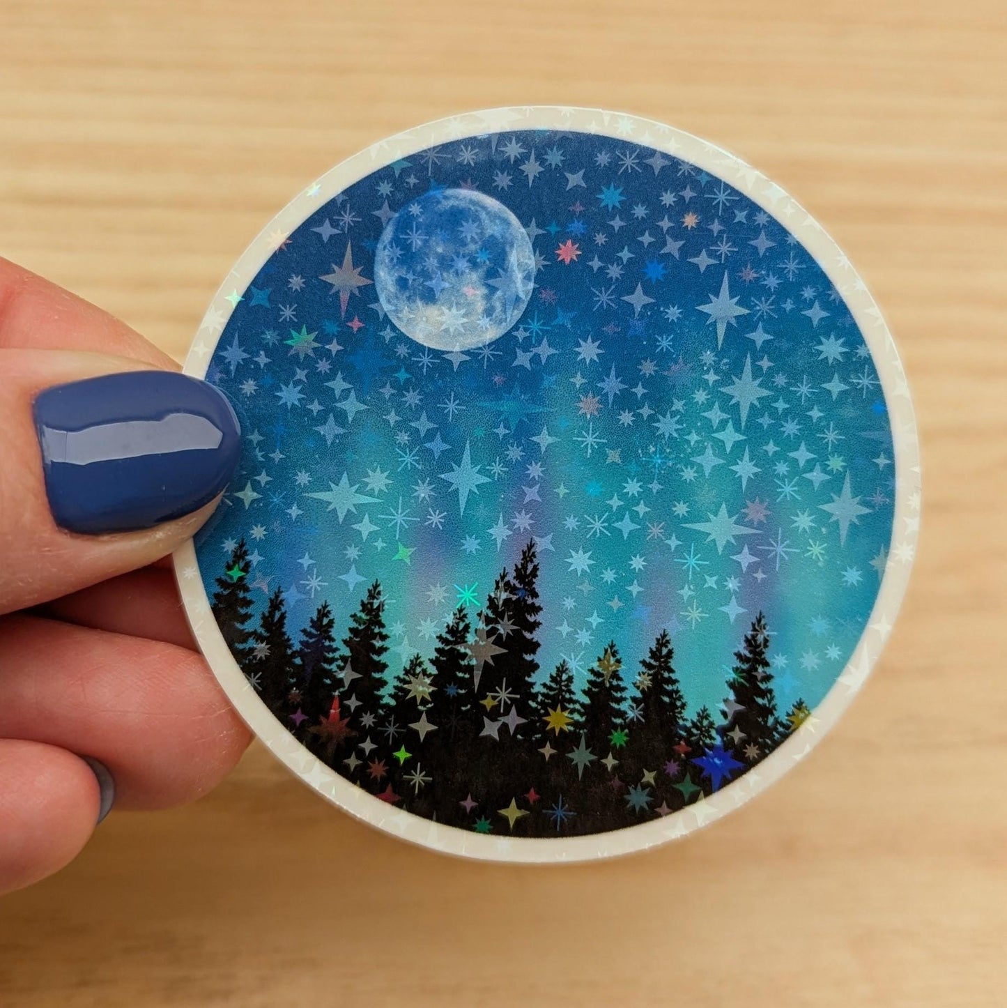 Holographic Northern Lights Vinyl Sticker: Moonlit Forest Decal