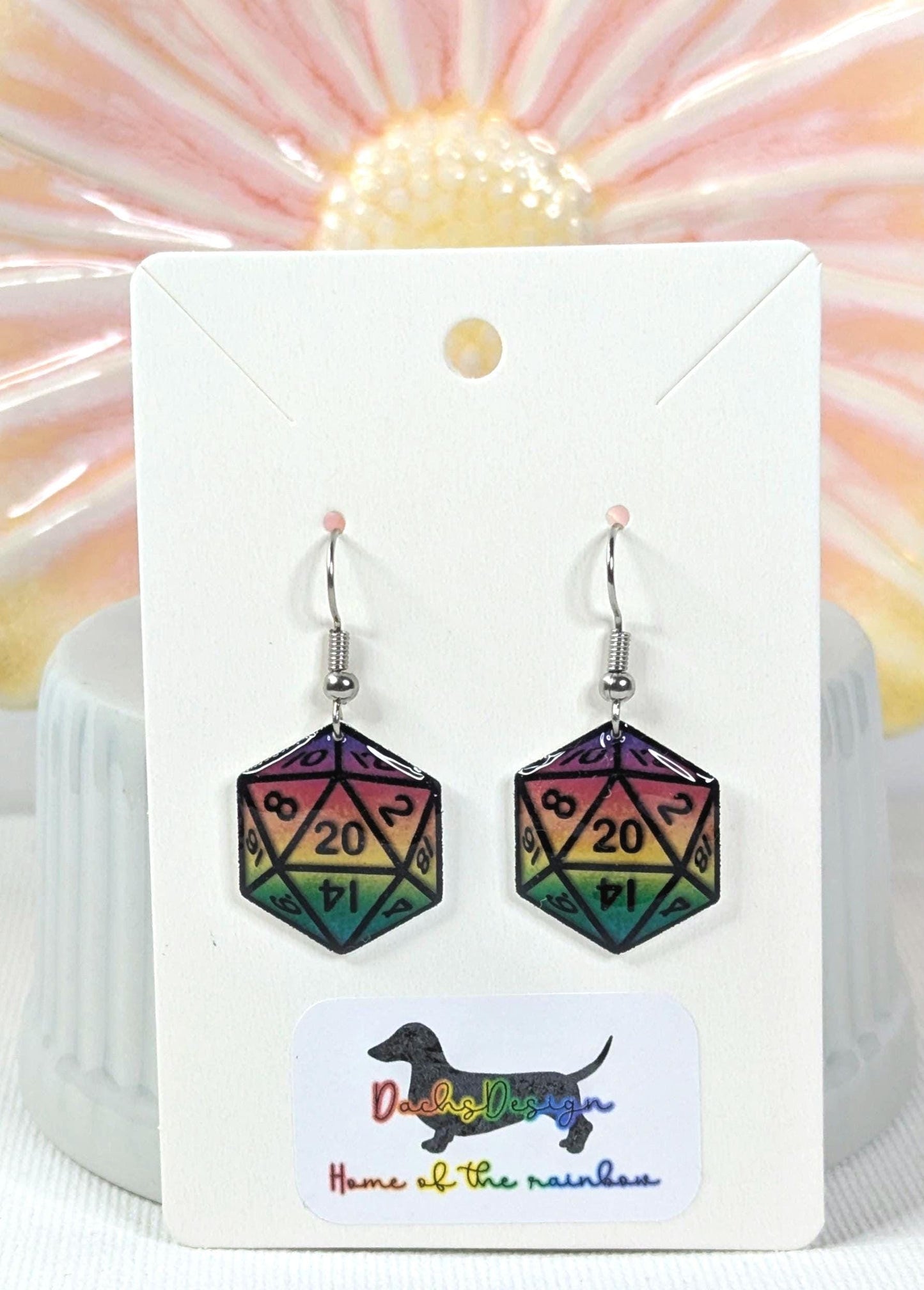 Rainbow D20 Dice Earrings