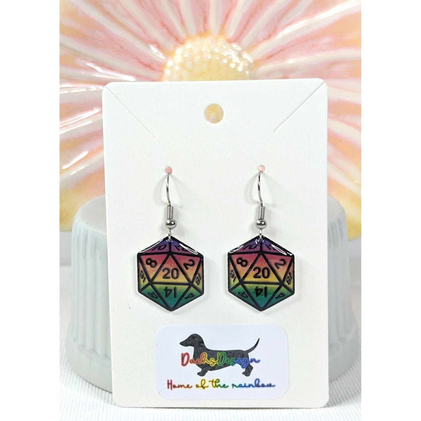 Rainbow D20 Dice Earrings