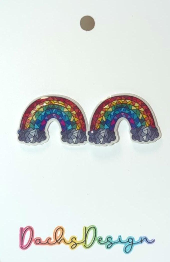 Geometric Rainbow and Grey Clouds Stud Earrings