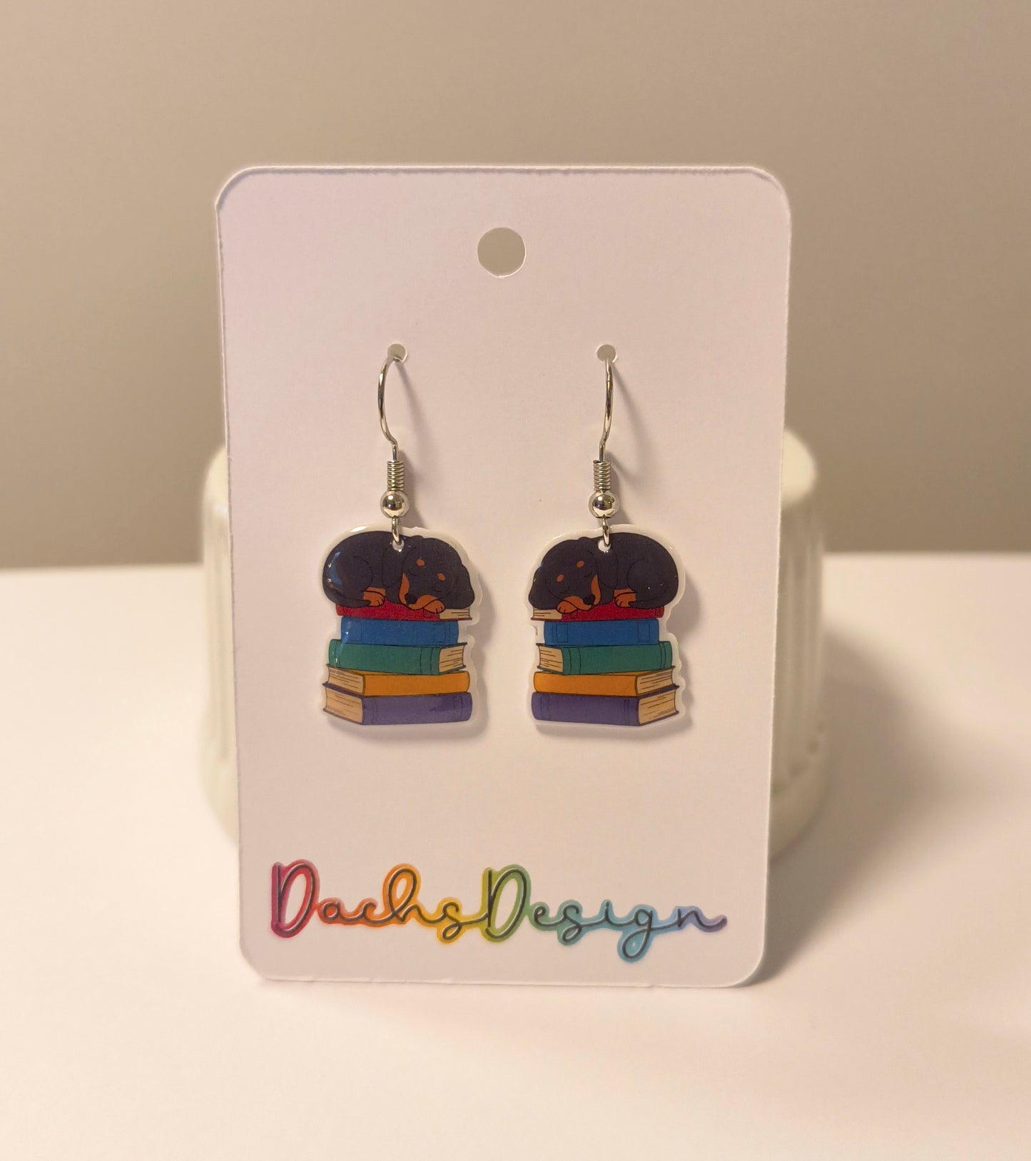 Sleeping Dachshund Puppy on Books Dangly Earrings