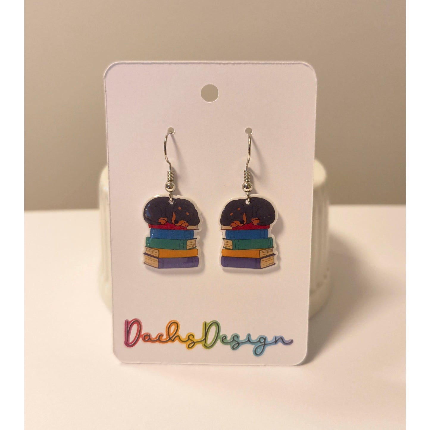 Sleeping Dachshund Puppy on Books Dangly Earrings