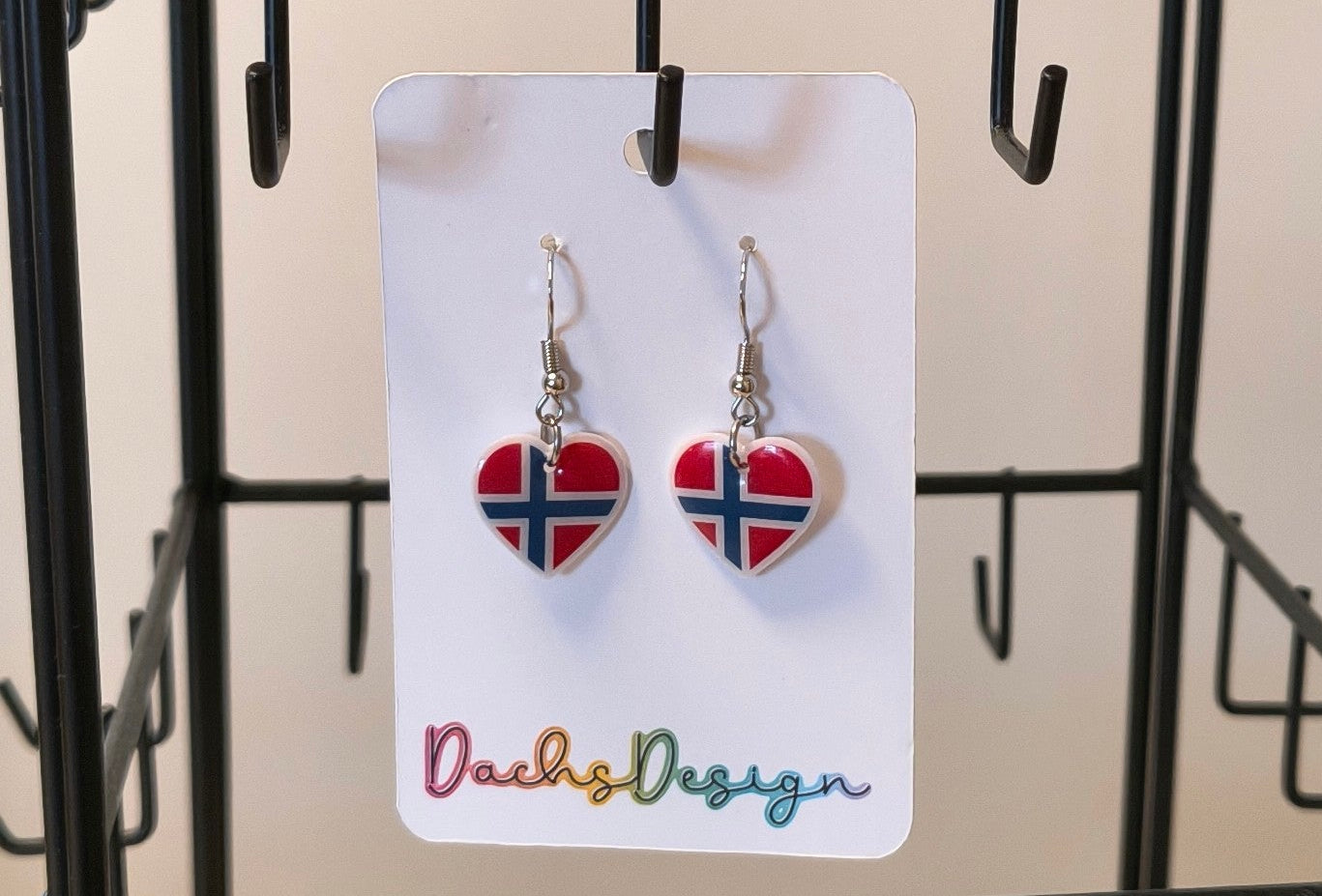 Norwegian Flag Heart Dangly Earrings
