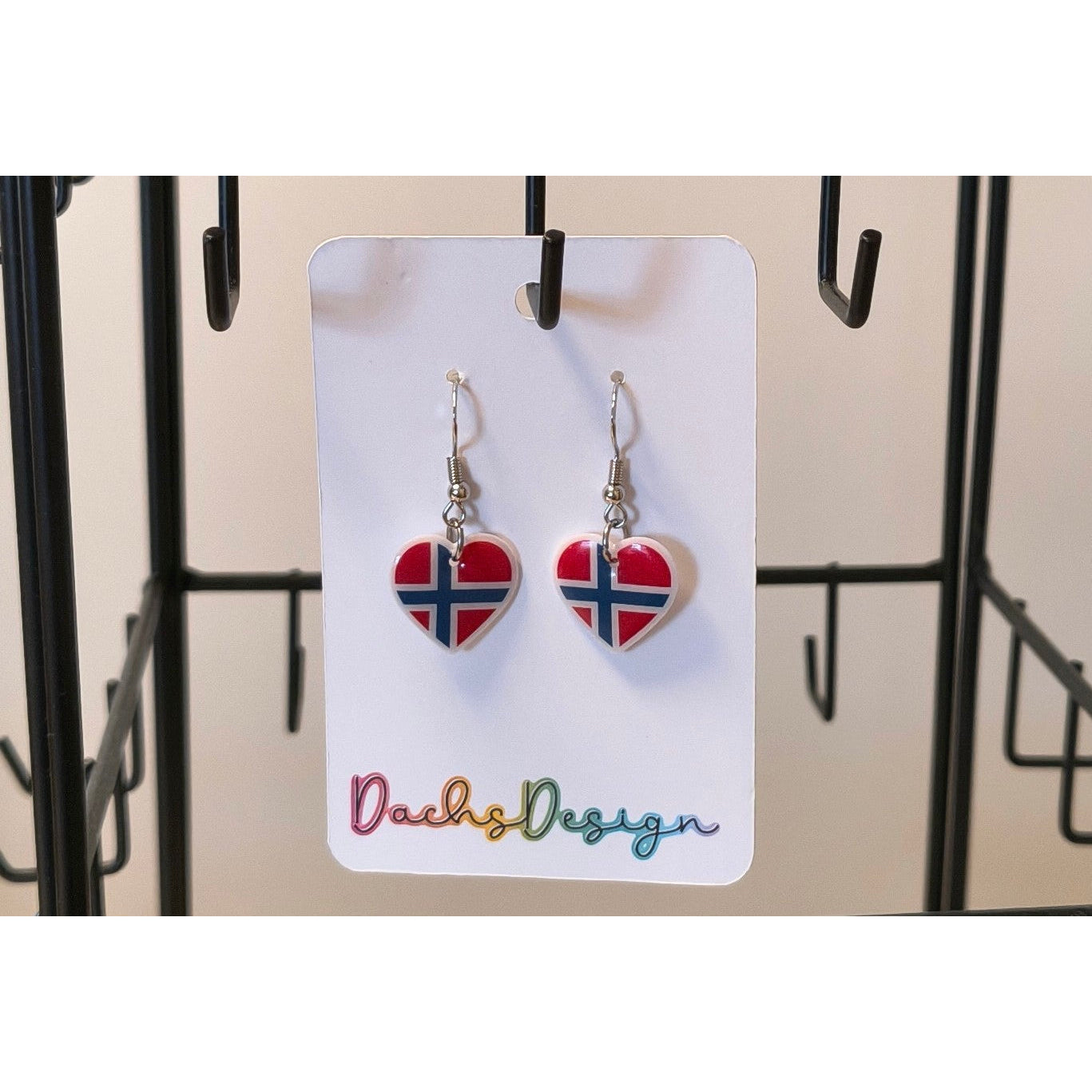 Norwegian Flag Heart Dangly Earrings