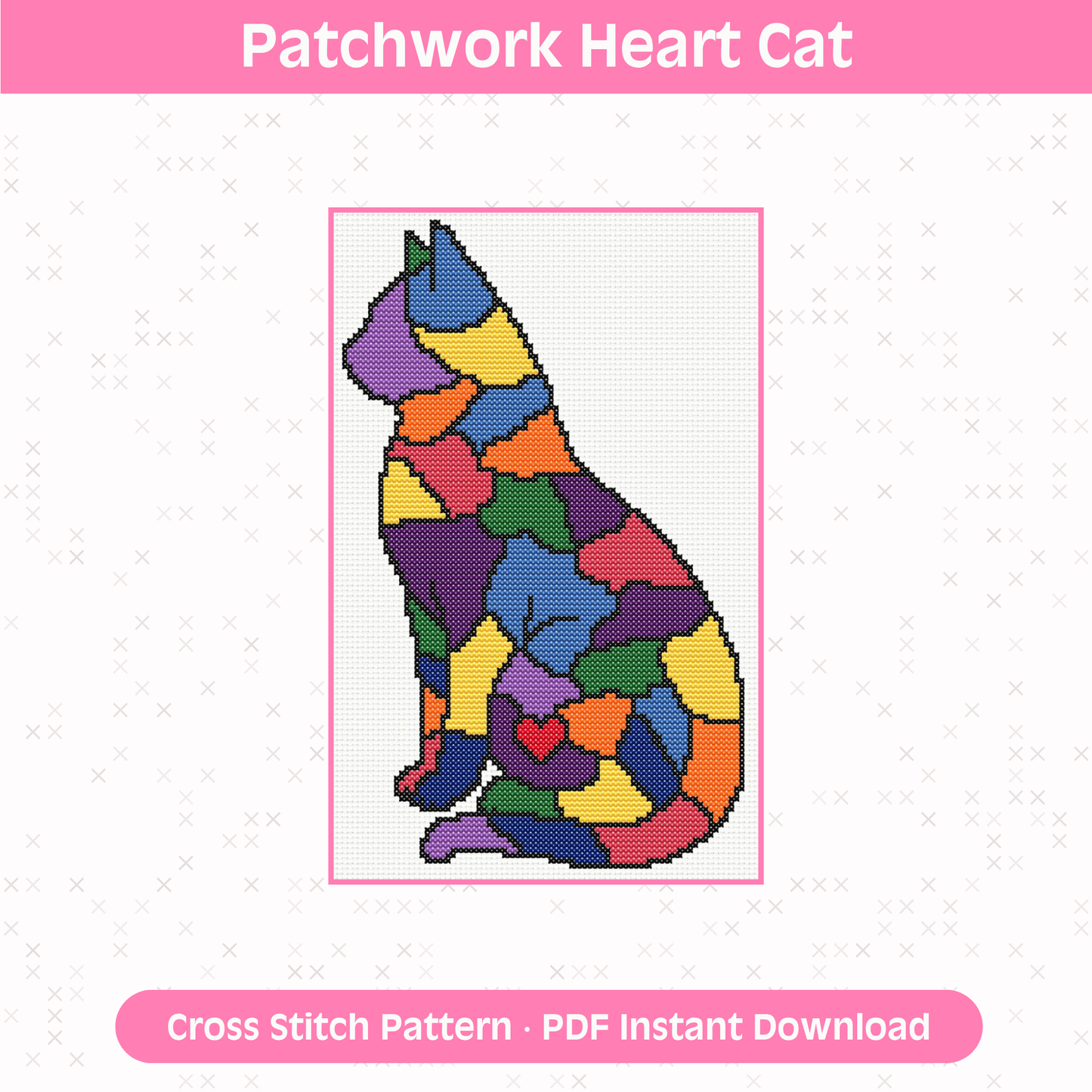 Patchwork Heart Cat Cross Stitch Pattern: Designed for 14 count aida