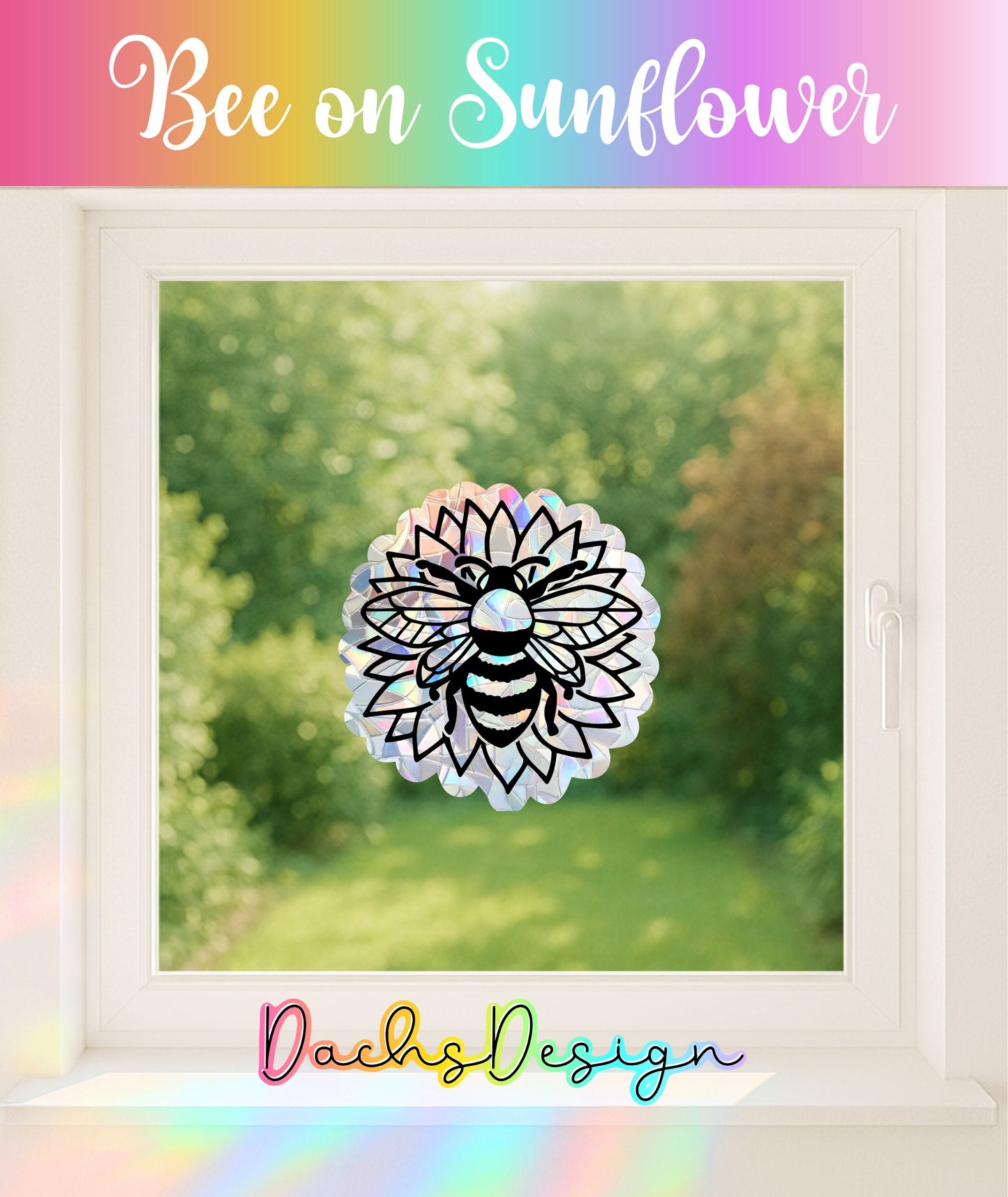 Bee on Sunflower Rainbow Suncatcher: Removable Window Decal