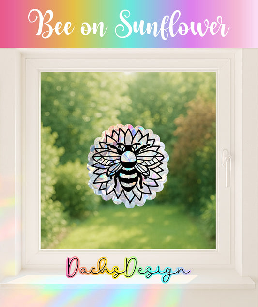 Bee on Sunflower Rainbow Suncatcher: Removable Window Decal