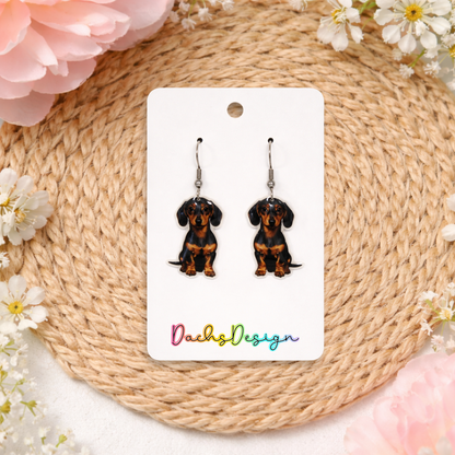 Smooth Black and Tan Dachshund Dangly Earrings
