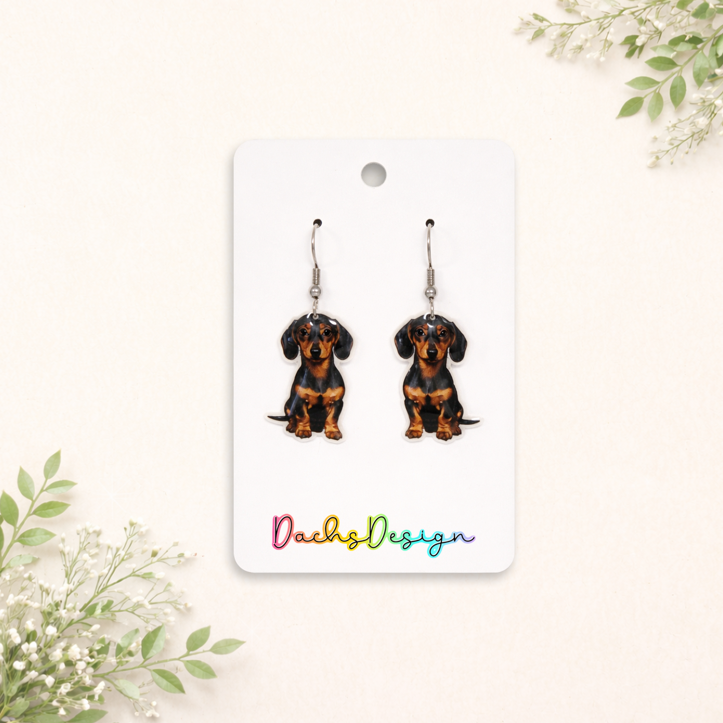Smooth Black and Tan Dachshund Dangly Earrings