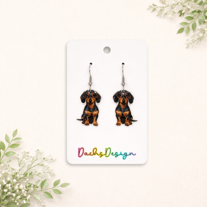 Smooth Black and Tan Dachshund Dangly Earrings