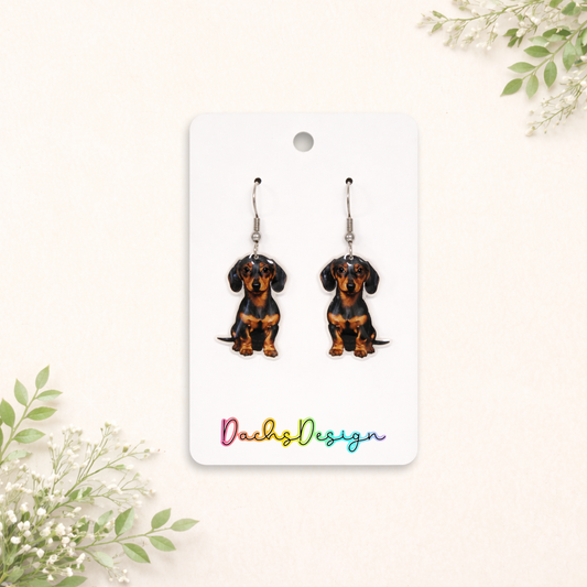Smooth Black and Tan Dachshund Dangly Earrings - Cute Dog Jewellery Gift