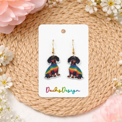 Dachshund in Rainbow Jumper Dangly Earrings