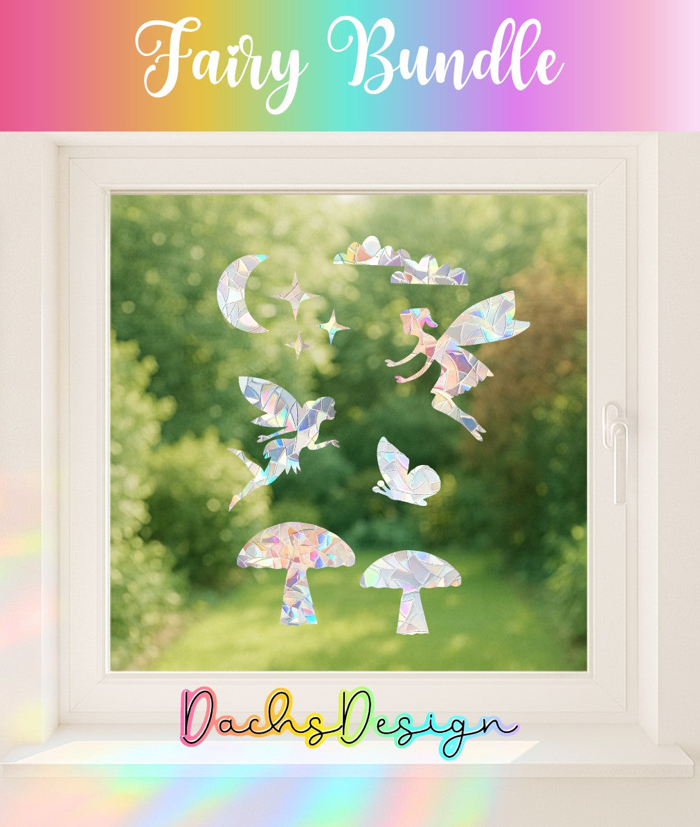 Fairies Rainbow Suncatcher Bundle: Moon, Mushrooms, Butterfly, Stars Window Decal