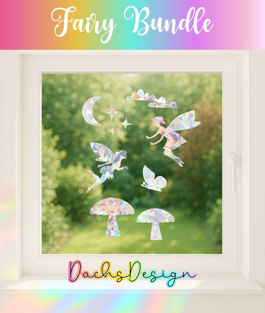 Fairies Rainbow Suncatcher Bundle: Moon, Mushrooms, Butterfly, Stars Window Decal