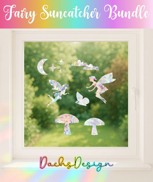 Fairies Rainbow Suncatcher Bundle: Moon, Mushrooms, Butterfly, Stars Window Decal