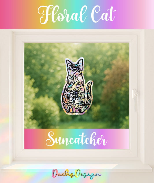 Floral Cat Suncatcher: Rainbow Window Decal, Gift for Cat Lover