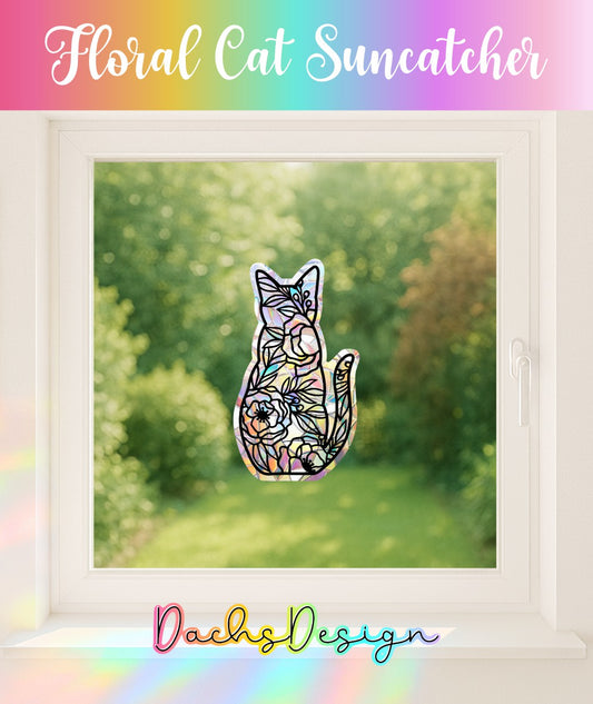 Floral Cat Suncatcher: Rainbow Window Decal, Gift for Cat Lover