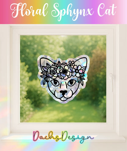 Floral Sphynx Cat Suncatcher: Rainbow Window Decal