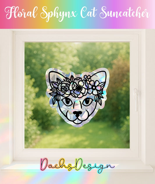 Floral Sphynx Cat Suncatcher: Rainbow Window Decal