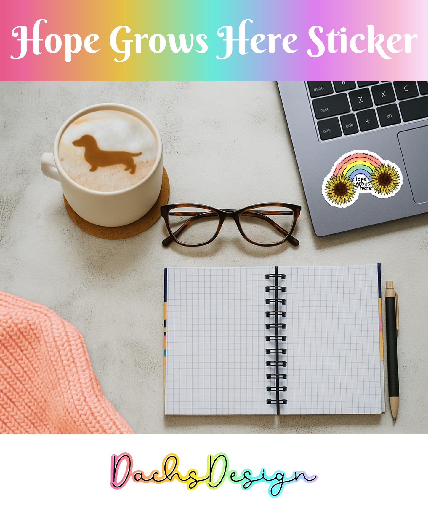 Hope Grows Here Sticker: Waterproof Rainbow Glitter Vinyl Sticker