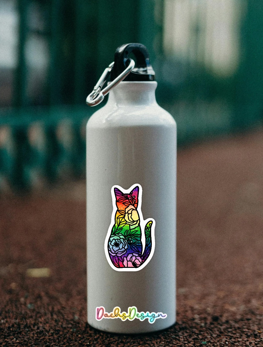 Floral Rainbow Cat Waterproof Vinyl Sticker