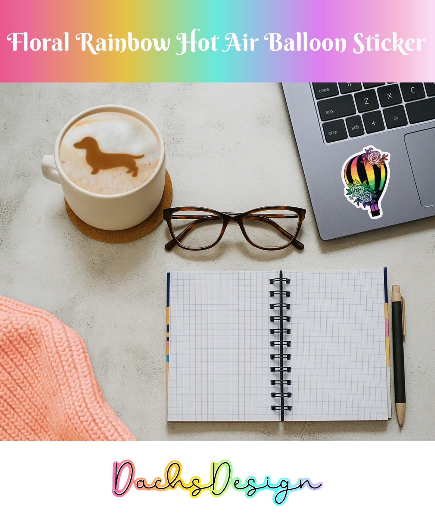 Floral Rainbow Hot Air Balloon Waterproof Vinyl Sticker