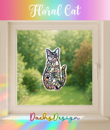 Floral Cat Suncatcher: Rainbow Window Decal, Gift for Cat Lover