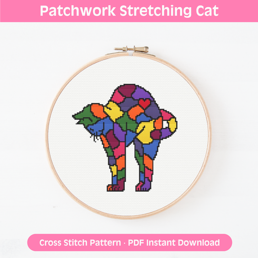 Patchwork Stretching Cat Cross Stitch Pattern: 14 Count Aida PDF