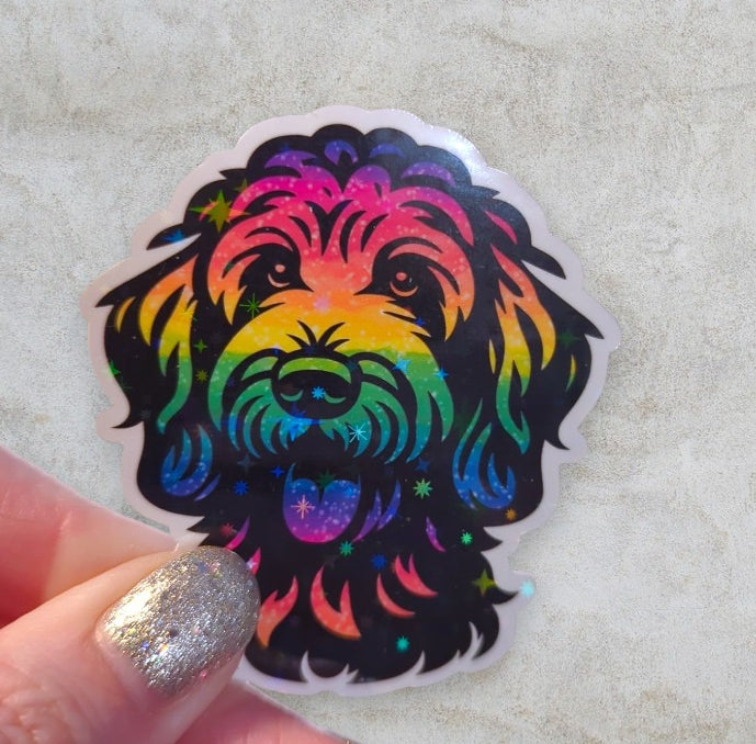 Labradoodle-klistremerke: Vanntett vinylklistremerke med regnbueglitter