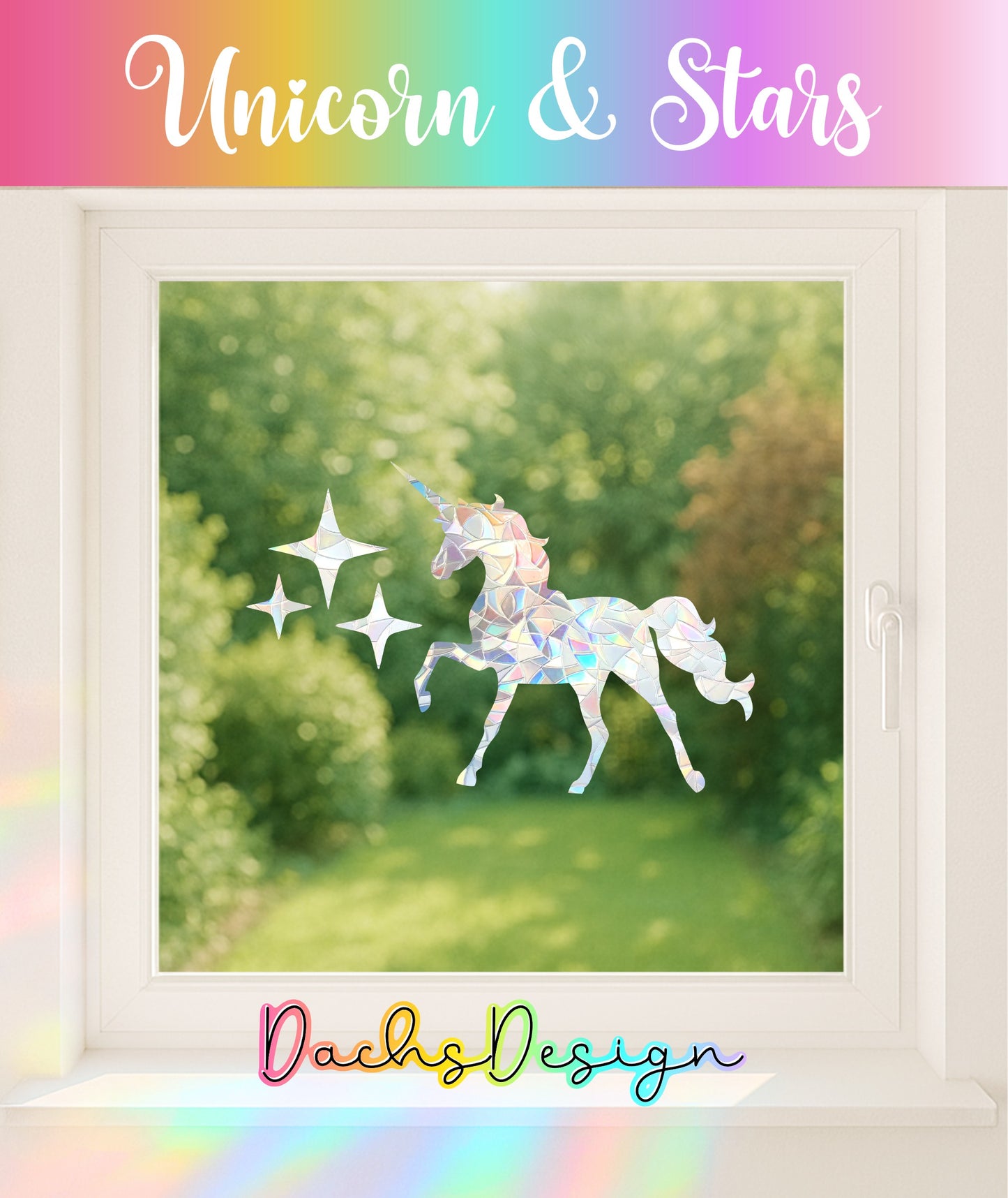Unicorn and Stars Rainbow Suncatcher: Window Cling, Kids Room Decor
