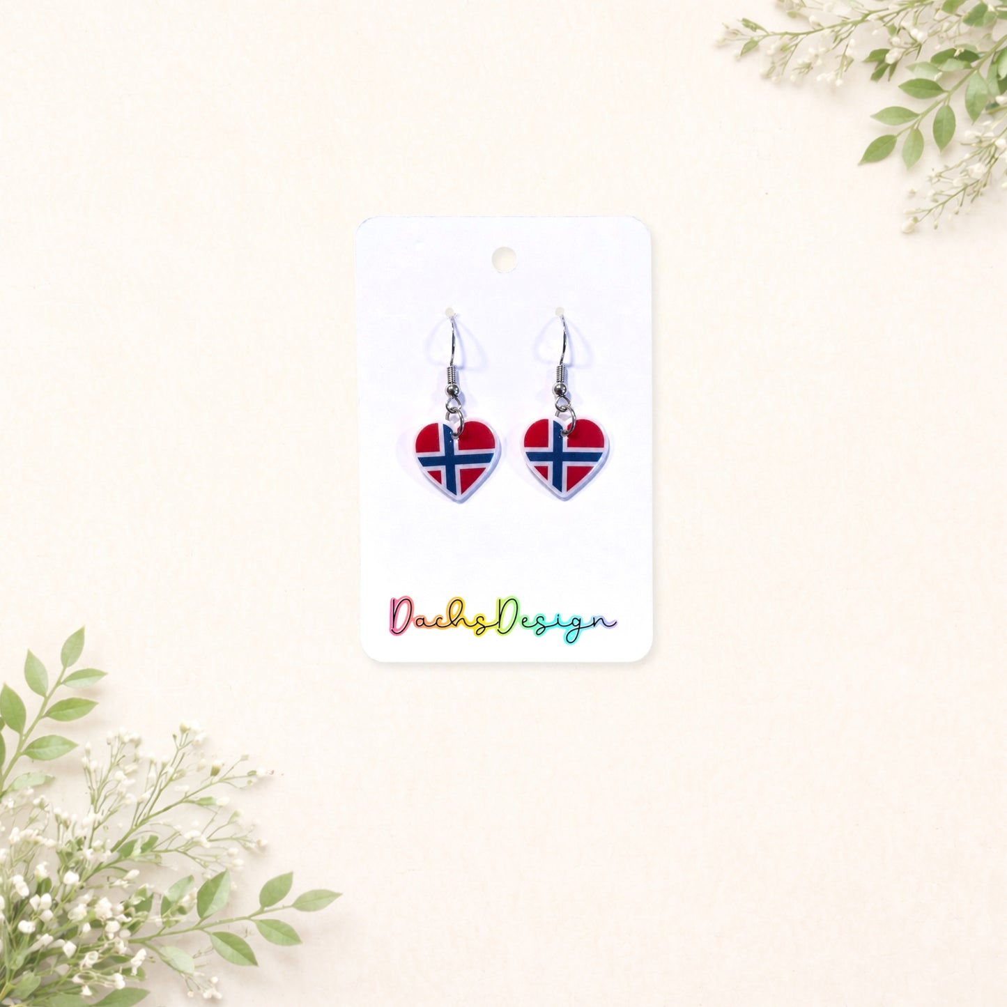 Norwegian Flag Heart Dangly Earrings