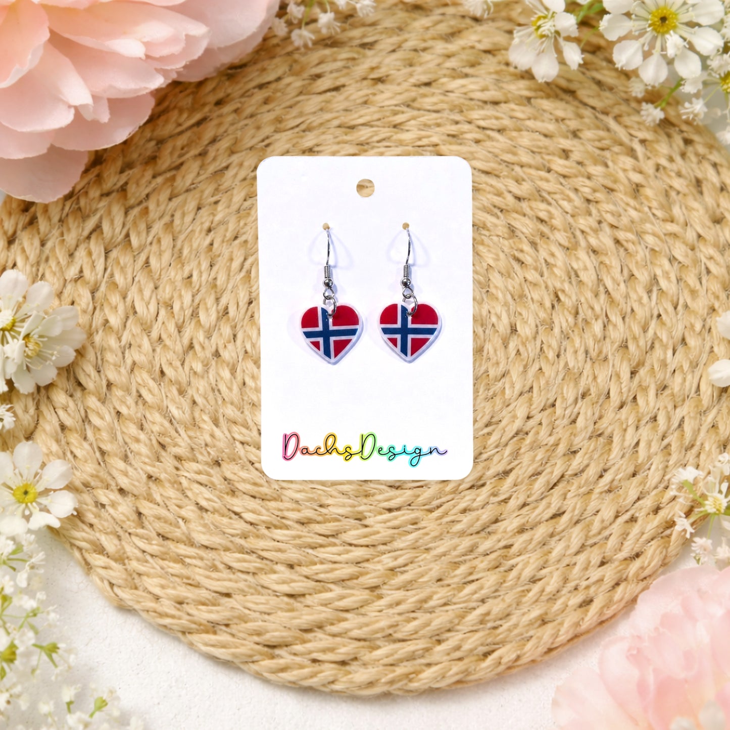 Norwegian Flag Heart Dangly Earrings