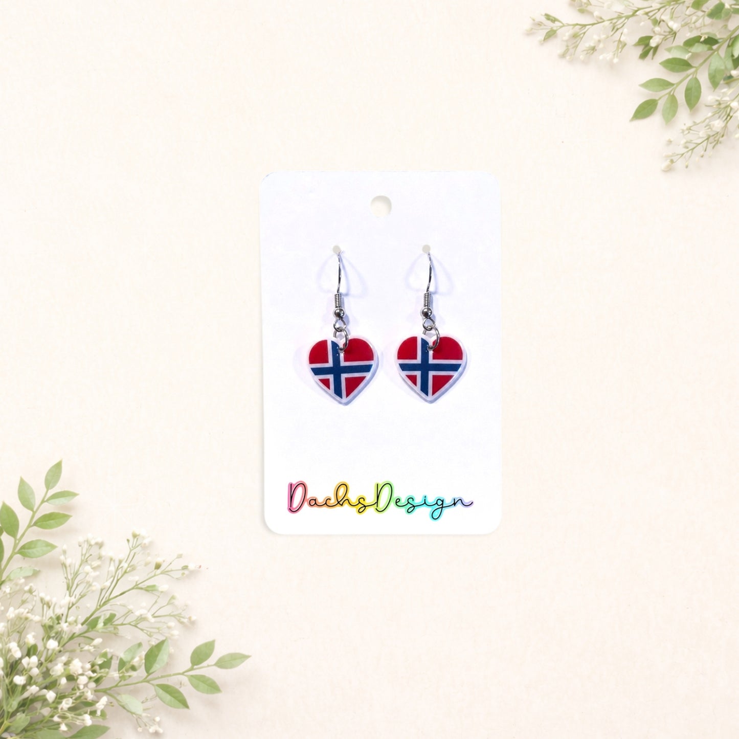 Norwegian Flag Heart Dangly Earrings