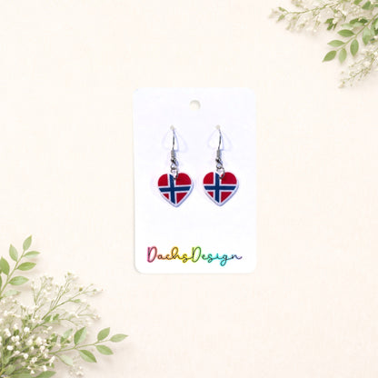 Norwegian Flag Heart Dangly Earrings