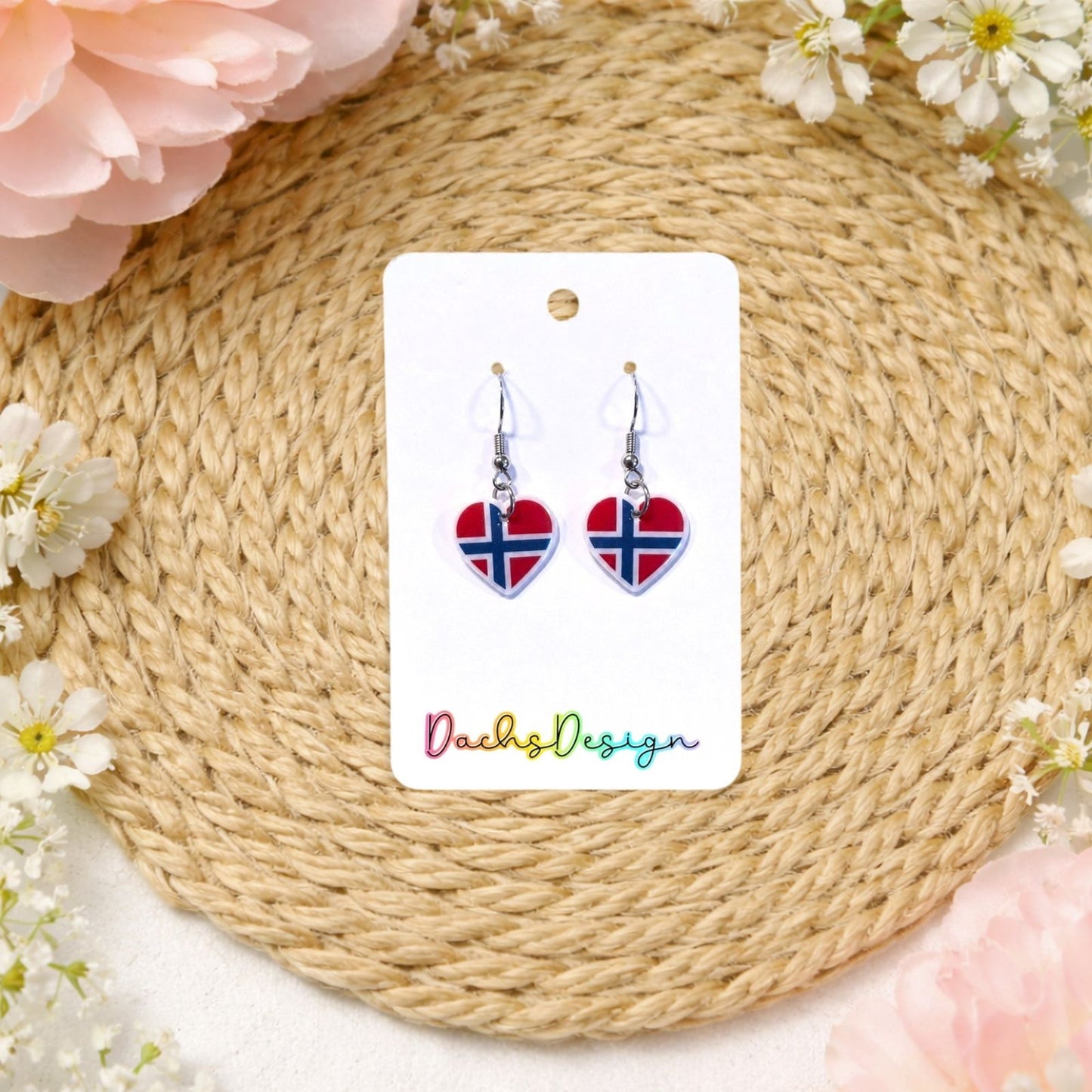 Norwegian Flag Heart Dangly Earrings