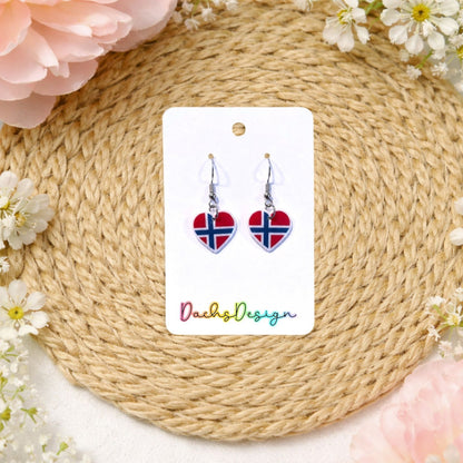 Norwegian Flag Heart Dangly Earrings