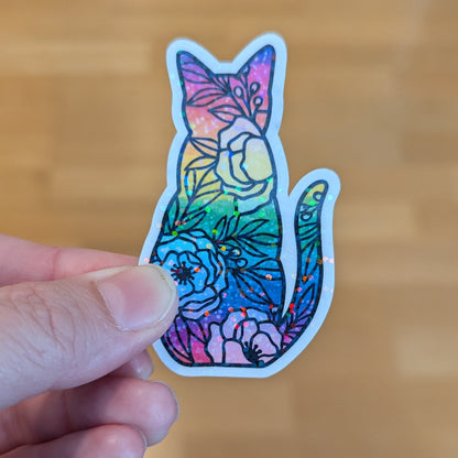Floral Rainbow Cat Waterproof Vinyl Sticker