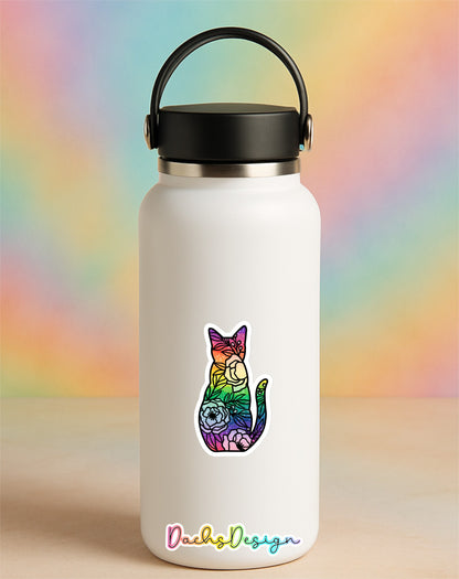 Floral Rainbow Cat Waterproof Vinyl Sticker
