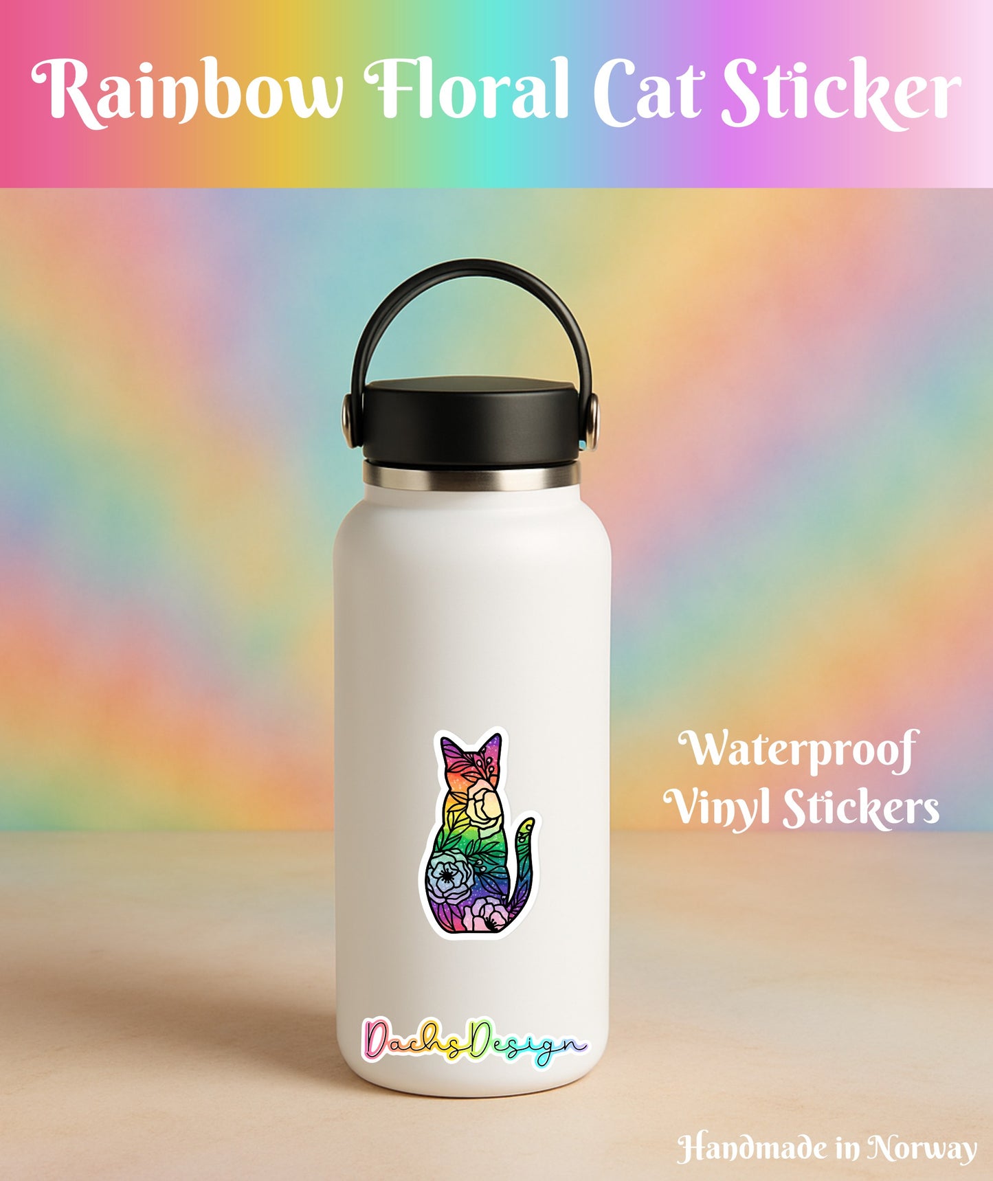 Floral Rainbow Cat Waterproof Vinyl Sticker