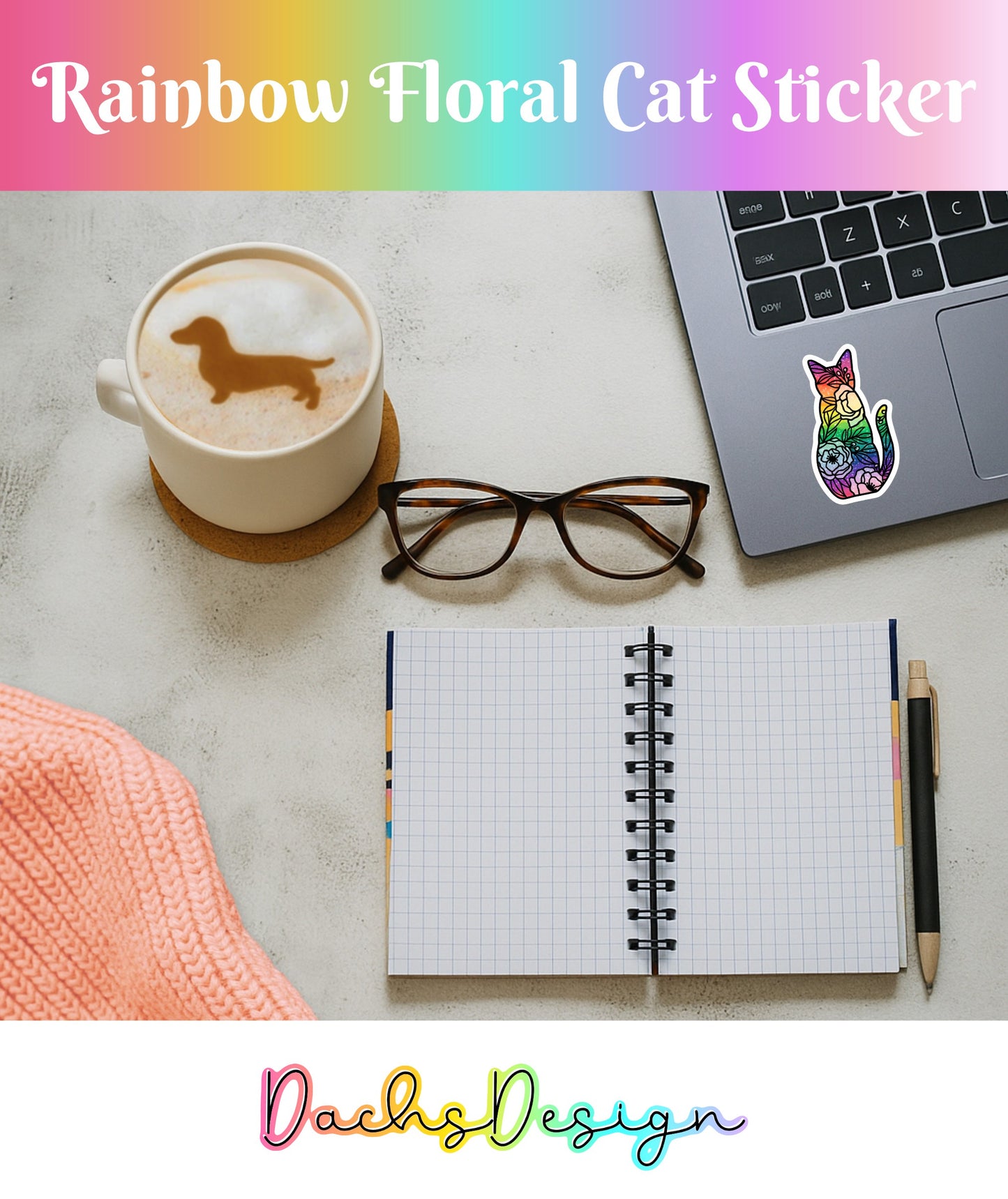 Floral Rainbow Cat Waterproof Vinyl Sticker