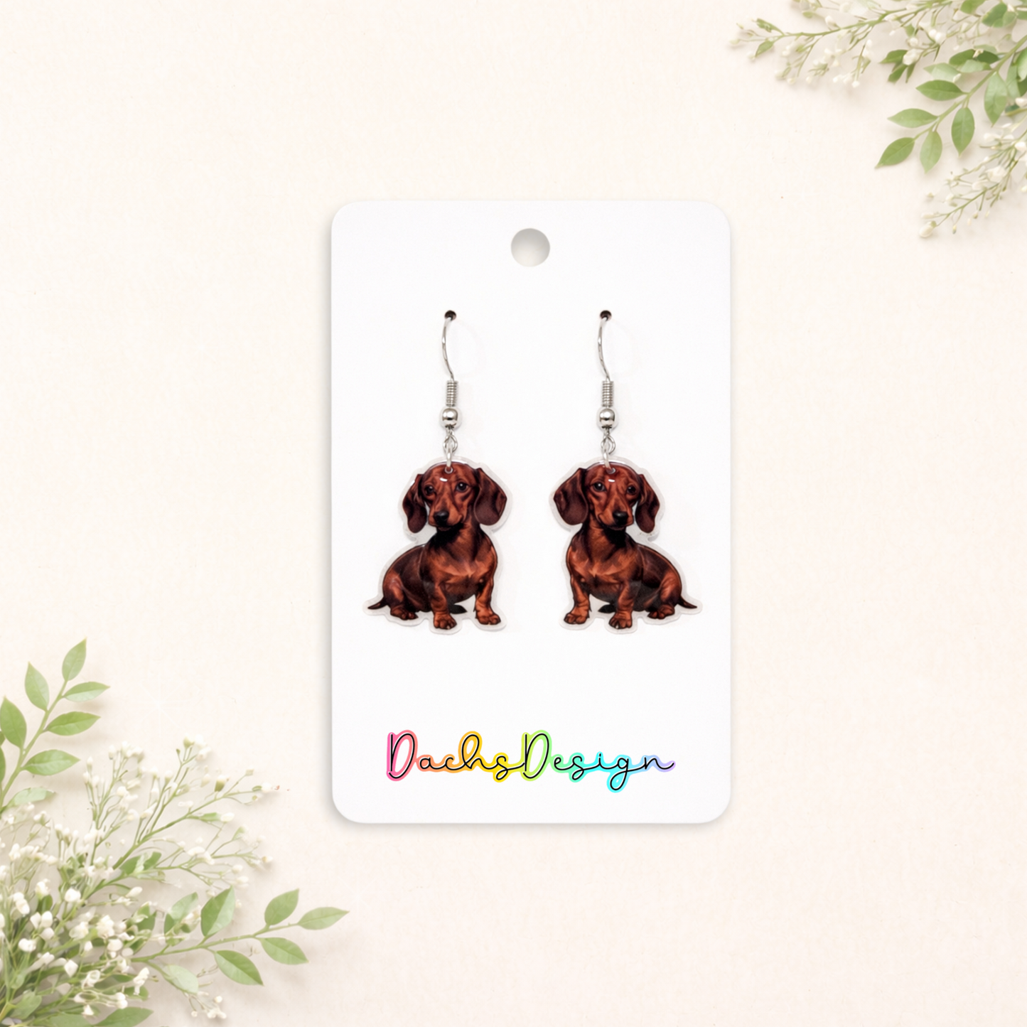 Red Smooth Dachshund Dangly Earrings