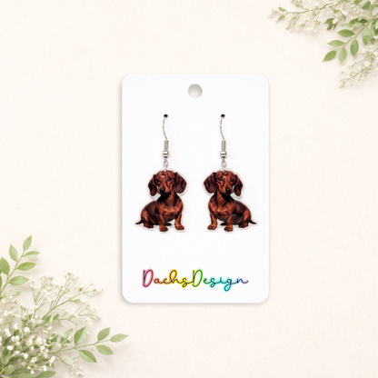 Red Smooth Dachshund Dangly Earrings