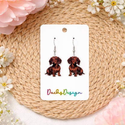 Red Smooth Dachshund Dangly Earrings