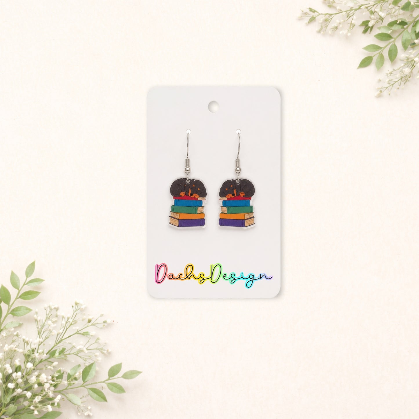 Sleeping Dachshund Puppy on Books Dangly Earrings