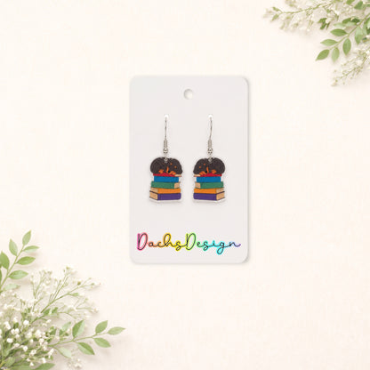 Sleeping Dachshund Puppy on Books Dangly Earrings