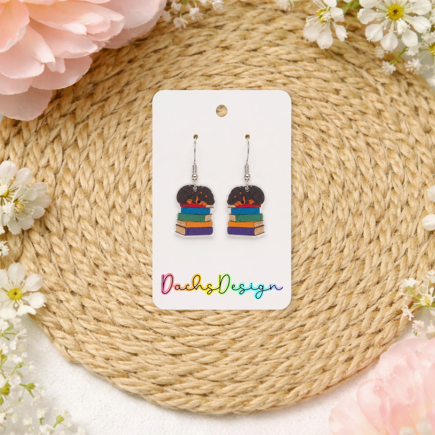 Sleeping Dachshund Puppy on Books Dangly Earrings