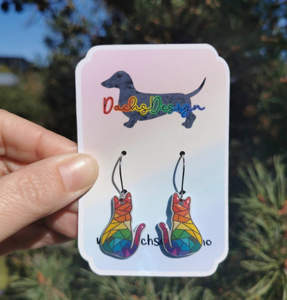 Geometric Rainbow Cat Dangle Earrings